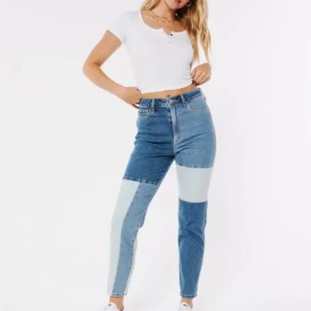 Hollister Ultra High Rise Mom Jeans Color Block Patchwork NWT